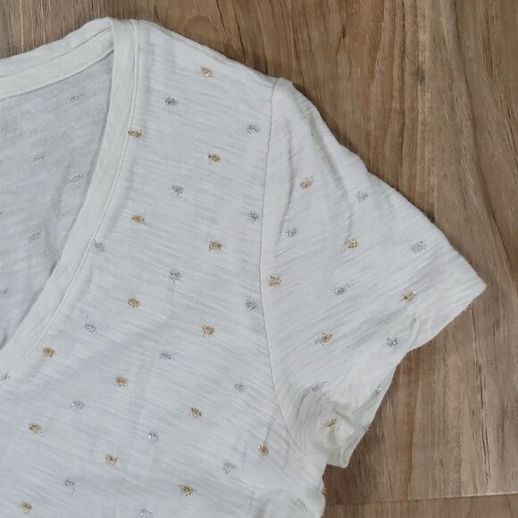 💜A New Day Cream w/Gold & Silver Metallic Polka Dots Short Sleeve Top Small - Picture 4 of 8